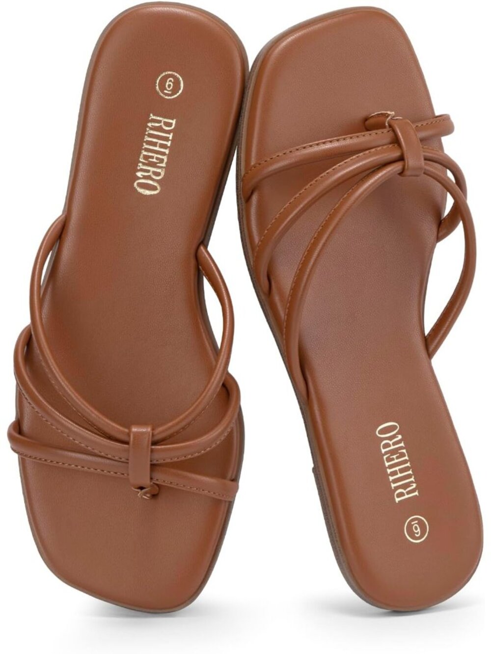 Women's Brown Summer Comfortable Slip On Square Toe Flat Sandals For Beach